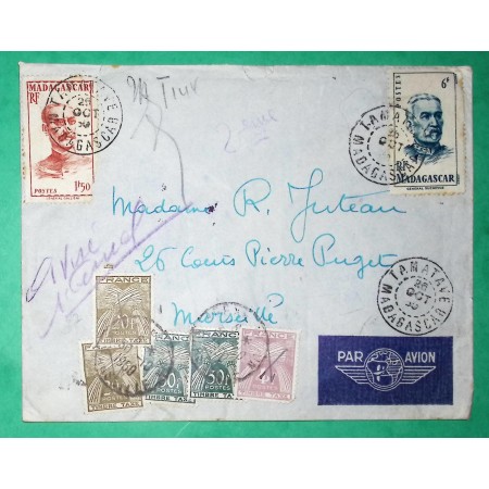 LETTRE TAMATAVE MADAGASCAR MESSAGERIES MARITIMES 7F50 + BEL AFFRANCHISSEMENT TAXE GERBES MARSEILLE 1950