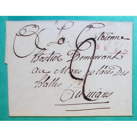 MARQUE 59 SEEZ ORNE ROUGE POUR LE MANS SARTHE PERIODE REVOLUTIONNAIRE 23x9 1801 LETTRE COVER FRANCE