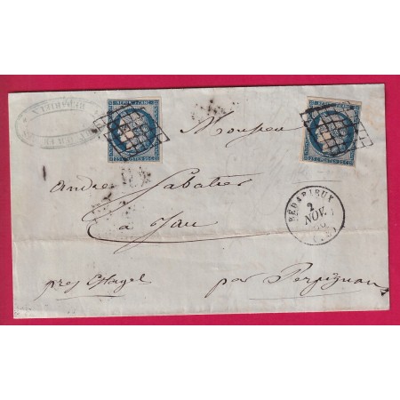 N°4 X2 TTB GRILLE BEDARIEUX HERAULT 1850 POUR ESTAGEL PYRENEES ORIENTALES LETTRE