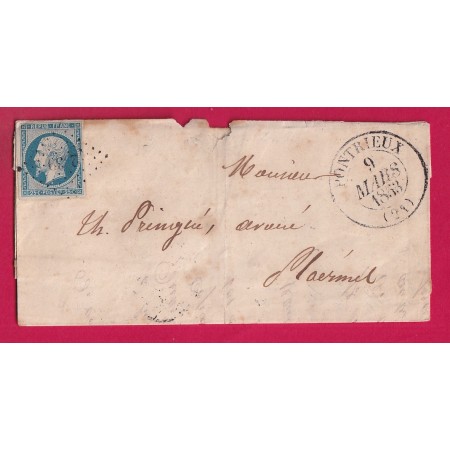 N°10 PC 2539 CAD TYPE 13 PONTRIEUX COTES DU NORD 1853 POUR PLOERMEL LETTRE