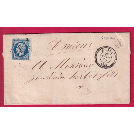 N°14 BORD DE FEUILLE PC 3880 ROUJAN HERAULT CAD TYPE 22 BOITE RURALE N GABIAN POUR AMIENS SOMME LETTRE