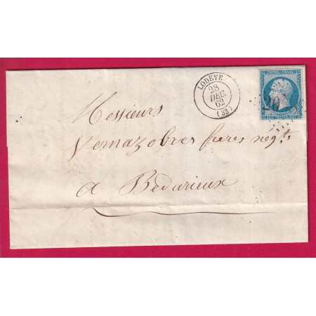 N°14 GC 2068 LODEVE HERAULT DU 28 DECEMBRE 1862 POUR BEDARIEUX BELLE FACTURE LETTRE