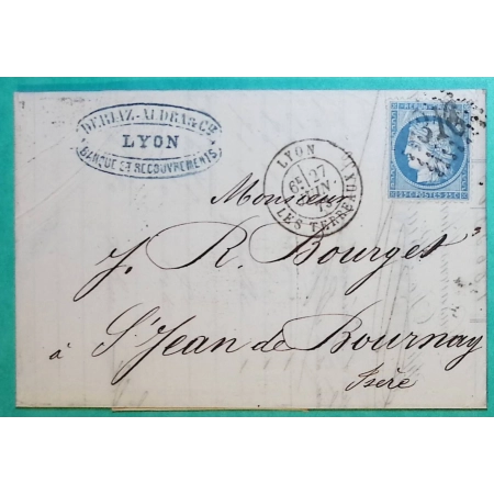 N°60A VARIETE GRIFFE MEDAILLON GC 6316 LYON LES TERREAUX BUREAU SUPPLEMENTAIRE POUR ST JEAN DE BOURNAY ISERE 1873 COVER FRANCE