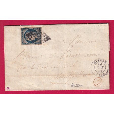 N°4 GRILLE GIGNAC HERAULT BOITE RURALE ROUGE G POUSAN POUR MONTPELLIER 19 OCT 1850 LETTRE