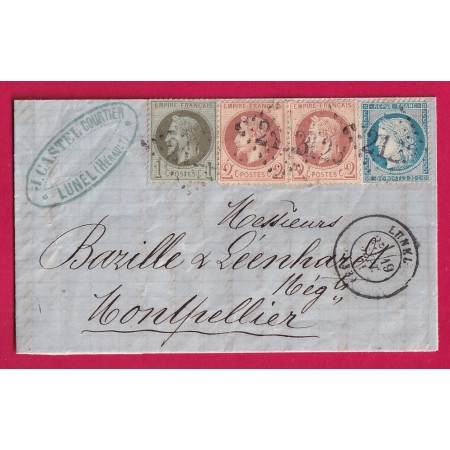N°37 + 25 26X2 GC 2123 LUNEL HERAULT 19 SEPTEMBRE 1871 POUR MONTPELLIER LETTRE