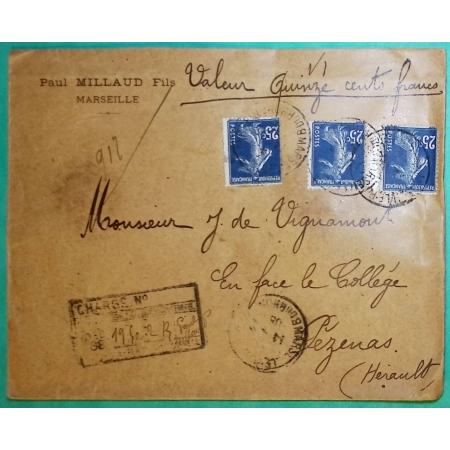 N°140 x3 SEMEUSE BLEU FONCE LETTRE CHARGE MARSEILLE BOUCHES DU RHONE POUR PEZENAS HERAULT 1908 COVER FRANCE