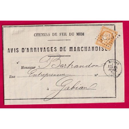 N°55 GC 3225 ROUJAN CAD TYPE 16 POUR GABIAN CHEMIN DE FER DU MIDI 1875 LETTRE