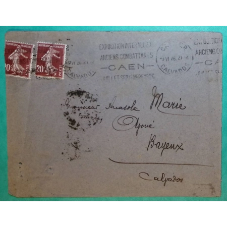 N°139 x2 SEMEUSE OBLITERATION KRAG EXPOSITION INTERALLIEE ANCIENS COMBATTANTS CAEN 1926 POUR BAYEUX CALVADOS FRANCE