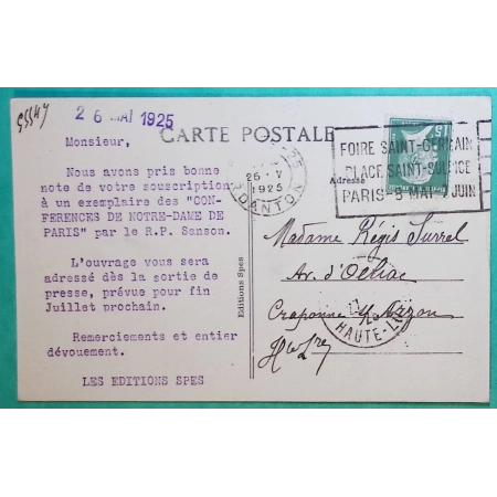 N°171 PASTEUR OBLITERATION FLIER FOIRE ST GERMAIN PLACE ST SULPICE PARIS RUE DANTON 1925 CARTE POSTALE COVER FRANCE