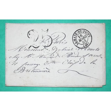 CAD TYPE 15 LA HAYE DU PUITS MANCHE POUR PARIS TAXE 25 1853