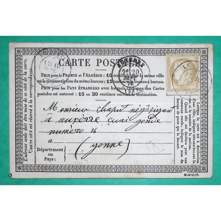 N°55 CARTE PRECURSEUR CAD TYPE 17 LE GUETIN CHER BOITE URBAINE A POUR AUXERRE YONNE 1876