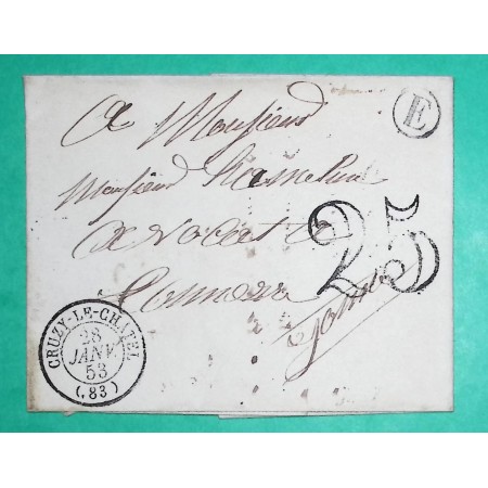 CAD TYPE 15 CRUZY LE CHATEL BOITE RURALE E POUR TONNERRE TAXE 25 1853