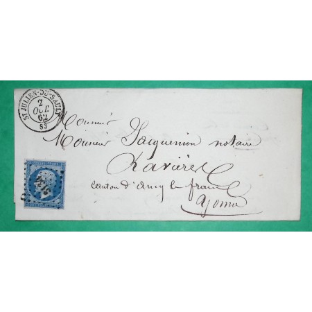N°14B PC 3134 ST JULIEN DU SAULT YONNE POUR RAVIERES 1862