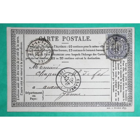 N°77 SAGE CARTE PRECURSEUR CAD TYPE 24 ETAIS LA SAUVIN YONNE POUR AUXERRE 1877