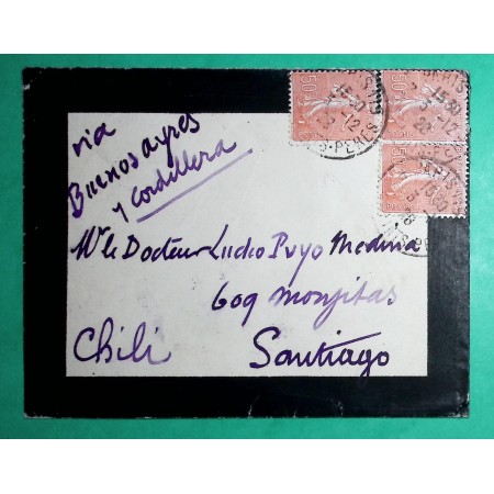 N°199 x3 SEMEUSE LETTRE PARIS POUR BUENOS AIRES ARGENTINE 1928