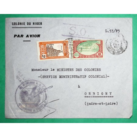 LETTRE PAR AVION CLONIE DU NIEGER NIAMEY POUR ORBIGNY INDRE ET LOIRE 1940 WW2
