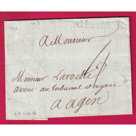 MARQUE CLAIRAC LOT ET GARONNE 1791 LENAIN N°3 INDICE 16 POUR AGEN LETTRE