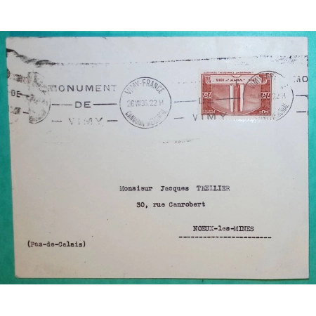 N°316 SEUL SUR LETTRE CONCORDANCE MONUMENT CANADIAN MEMORIAL VIMY POUR NOEUX LES MINES PAS DE CALAIS 1936 COVER FRANCE