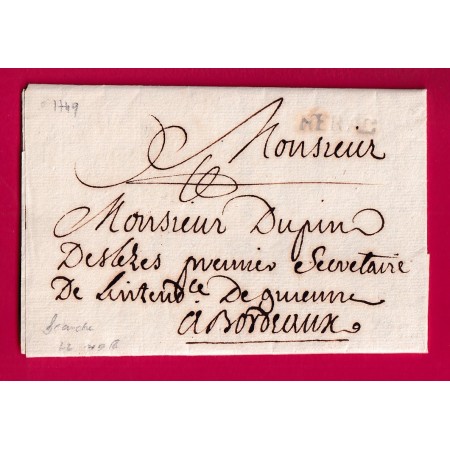 MARQUE NERAC FRANCHE LENAIN N°2 INDICE 18 LOT ET GARONNE POUR BORDEAUX 1749 LETTRE