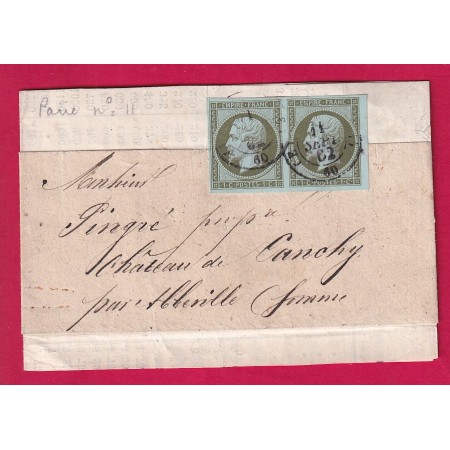 N°11 PAIRE TTB BDF CAD PARIS BUREAU E 1862 POUR ABBEVILLE SOMME BANDE SUR DOCUMENT JAMAIS OUVERT LETTRE