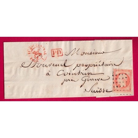 N°16 ROULETTE GROS POINTS CAD TYPE 15 EN ROUGE BUREAU CENTRAL 1 PARIS 1 POUR COINTIN GENEVE SUISSE 2 SEPTEMBRE 1854 LETTRE