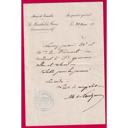 COMMUNE DE PARIS LAISSE PASSER ARMEE DE VERSAILLES MARECHAL COMMANDANT EN CHEF MAC MAHON LE 31 MAI 1871