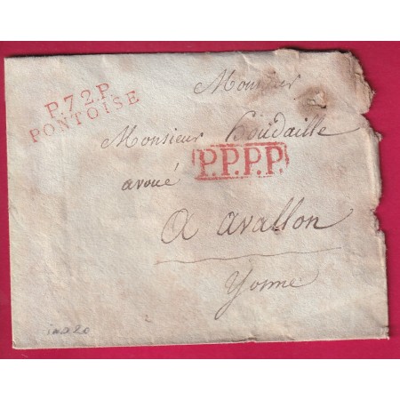 MARQUE P72P PONTOISE EN ROUGE SEINE ET OISE INDICE 20 POUR AVALLON YONNE LETTRE