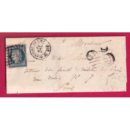 N°4 GRILLE CLERMONT DE L' HERAULT 1850 POUR PARIS TAXE 25 ANNULEE LETTRE