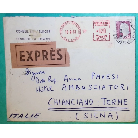 N°1263 MARIANNE DE DECARIS + EMA STRASBOURG LETTRE EXPRES CONSEIL DE L'EUROPE POUR CHIANCIANO TERME ITALIE ITALIA 1961
