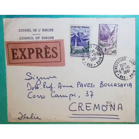 N°1237 + 1241 LETTRE EXPRES CONSEIL DE L'EUROPE STRASBOURG BAS RHIN POUR CREMONA ITALIE ITALIA 1961 LETTRE COVER FRANCE