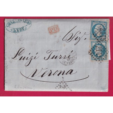 MIXTE N°22 + 29 GC 2145 LYON LES TERREAUX POUR VERONA VERONE ITALIE ITALIA 1867 LETTRE