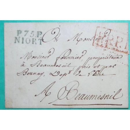 MARQUE P75P NIORT DEUX SEVRES BLEU PORT PAYE POUR BEAUMESNIL EURE 26x11 LETTRE COVER FRANCE