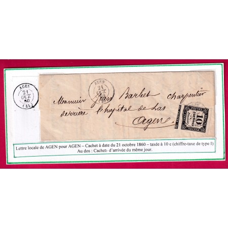 TIMBRE TAXE N°2 TTB UN VOISIN CAD TYPE 15 AGEN LOT ET GARONNE POUR AGEN LETTRE