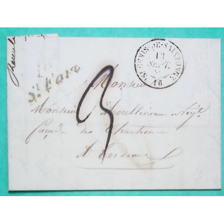 CAD T15 ST GENIS DE SAINTONGE + CURSIVE 16 ST FORT CHARENTE INFERIEURE POUR BORDEAUX GIRONDE 1846 LETTRE COVER FRANCE