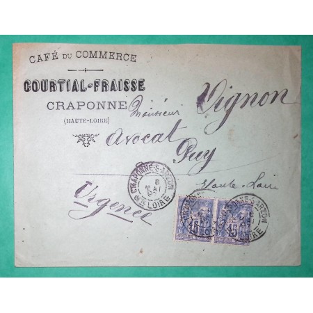 N°90 PAIRE SAGE PUB CAFE DE COMMERCE CRAPONNE HAUTE LOIRE POUR LE PUY EN VELAY 1887