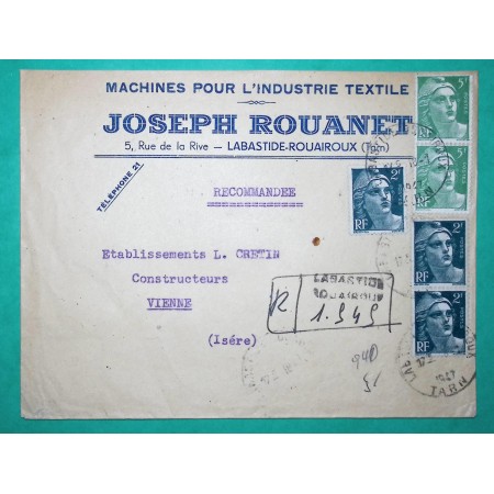 N°713 x3 + 719 x2 MARIANNE DE GANDON RECOMMANDE PROVISOIRE LA BASTIDE ROUAIROUX TARN PUB MACHINES AGRICOLES 1947