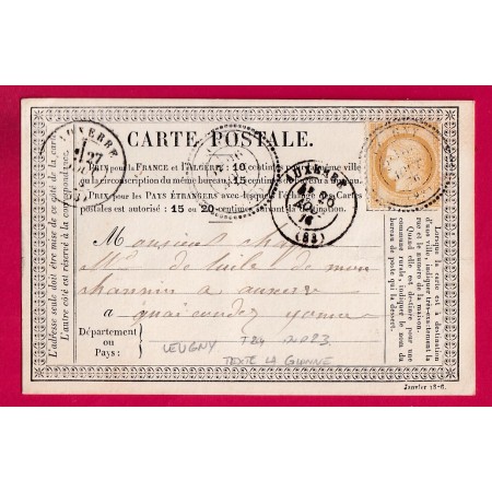 N°55 CAD TYPE 24 LEUGNY YONNE POUR AUXERRE RARE INDICE 23 TEXTE LA GLONNE CARTE PRECUREUR LETTRE