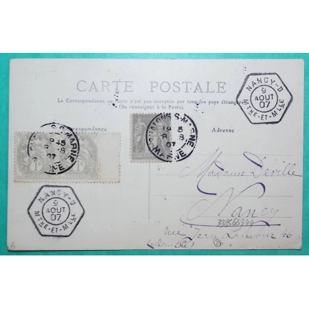 N°87 SAGE + 107 PAIRE BDF BLANC BEL AFFRANCHISSEMENT 5C CARTE POSTALE CHALONS SUR MARNE POUR NANCY 1907 COVER FRANCE