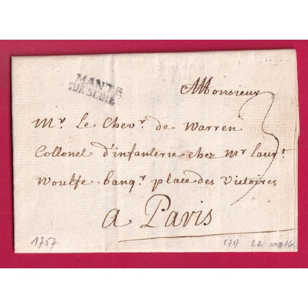 MARQUE MANTES SUR SEINE ET OISE 1757 POUR PARIS LENAIN N°2 INDICE 16 LETTRE