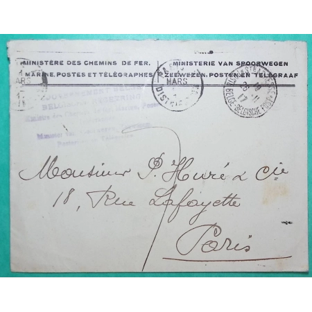 FRANCHISE MILITAIRE FM STE ADRESSE POSTE BELGE LETTRE MINISTRE DES CHEMINS DE FER DE LA MARINE ET DES POSTES 1917 WW1
