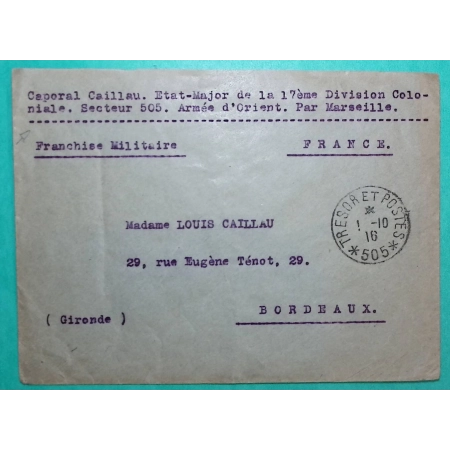 FRANCHISE MILITAIRE FM TRESOR ET POSTES 505 DIVISION COLONIALE ARMEE D'ORIENT SALONIQUE POUR BORDEAUX GIRONDE 1916 WW1