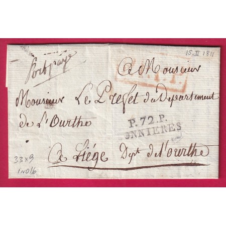 MARQUE P72P BONNIERES SEINE ET OISE 1811 33X9 INDICE 16 POUR LIEGE BELGIQUE TEXTE LE MAIRE DE LA ROCHE GUYON LETTRE