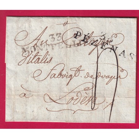 CURIOSITE DOUBLE MARQUE 33 PEZENAS HERAULT + 33 MONTPELLIER POUR LODEVE AN 7 1798 LETTRE