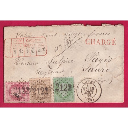 TRICOLORE N° 35 + 30 + 32 GC 2122 LUNAS HERAULT LETTRE CHARGE POUR SAURAT ARIEGE 1872 LETTRE