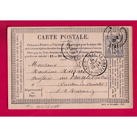 N°77 MELUN SEINE ET MARNE BOITE RURALE M MOISSENAY 1877 POUR LE CHATELET EN BRIE CARTE PRECUSEUR LETTRE
