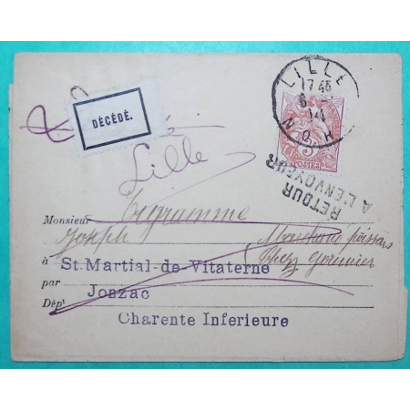 N°109 BLANC SEUL SUR LETTRE ETIQUETTE DECEDE RETOUR ENVOYEUR BANDE DE JOURNAL LILLE NORD POUR JONZAC COVER FRANCE