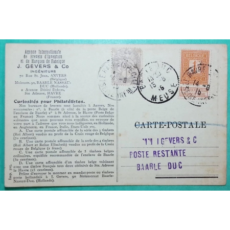 N°107 BLANC + TIMBRE 1C BELGE CAD LE HAVRE SPECIAL POUR BAARLE BELGIQUE ERREUR DESTINATION BAR LE DUC MEUSE 1915 WW1