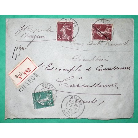 N°137 + 139 x2 SEMEUSE LETTRE CHARGE SIGEAN AUDE POUR CARCASSONNE 1911