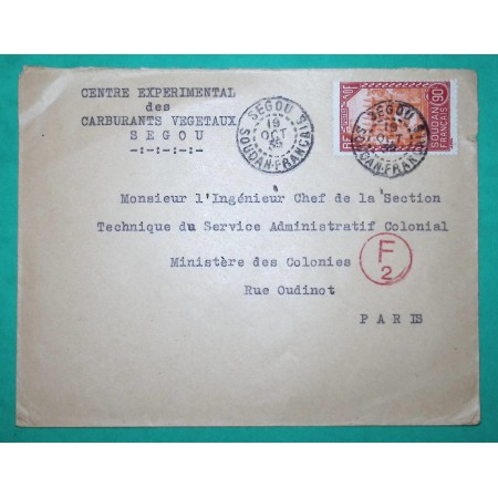 90C SOUDAN FRANCAIS LETTRE SEGOU CENTRE EXPERIMENTAL DES CARBURANTS VEGETAUX POUR PARIS CENSURE 1939 WW2
