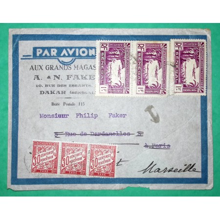 LETTRE DAKAR SENEGAL TARIF 3F POUR PARIS + TAXE REEXPEDITION DUVAL 30C x3 1938